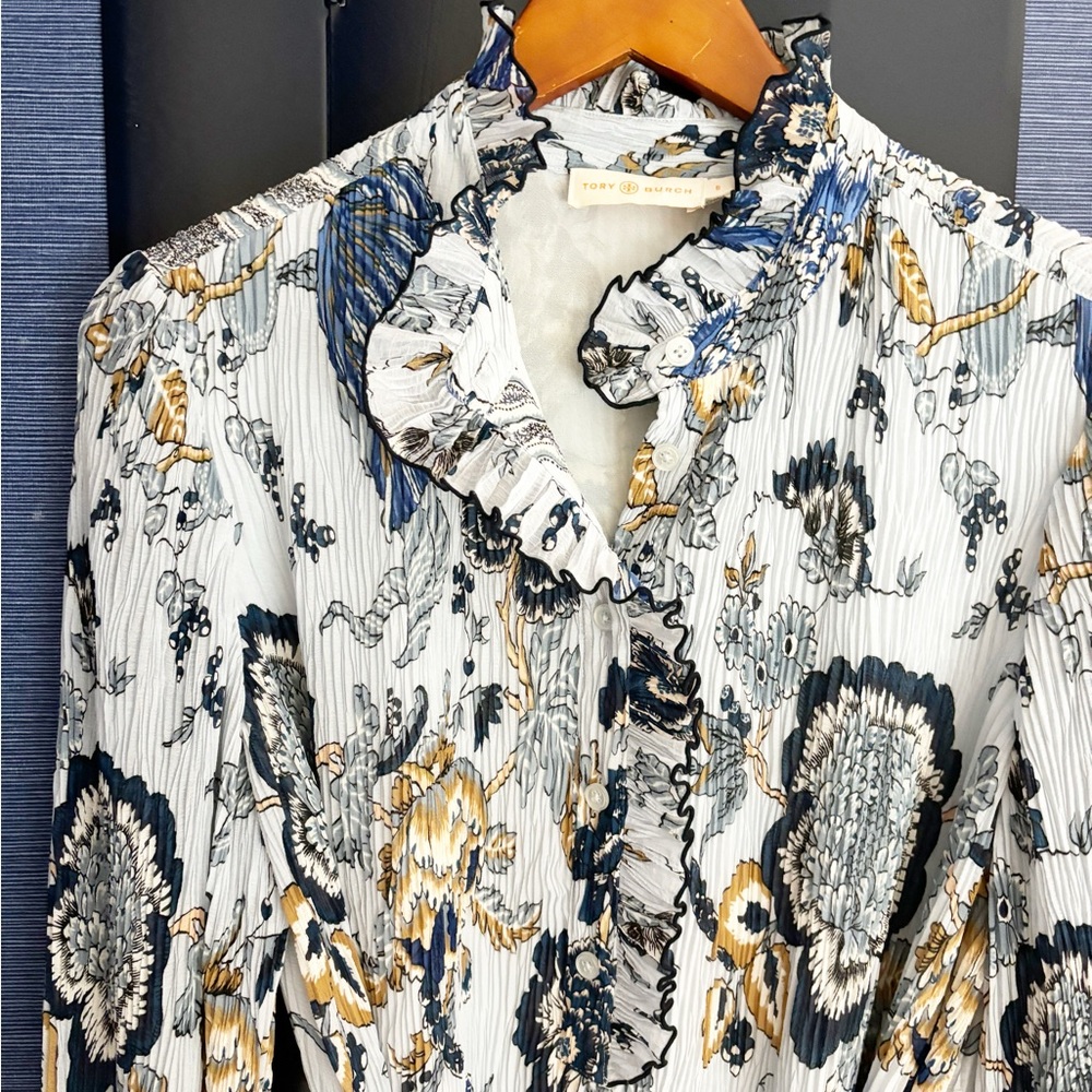 Tory Burch Blue and White Paisley Tie-Waist Mini Dress - Picture 8 of 12